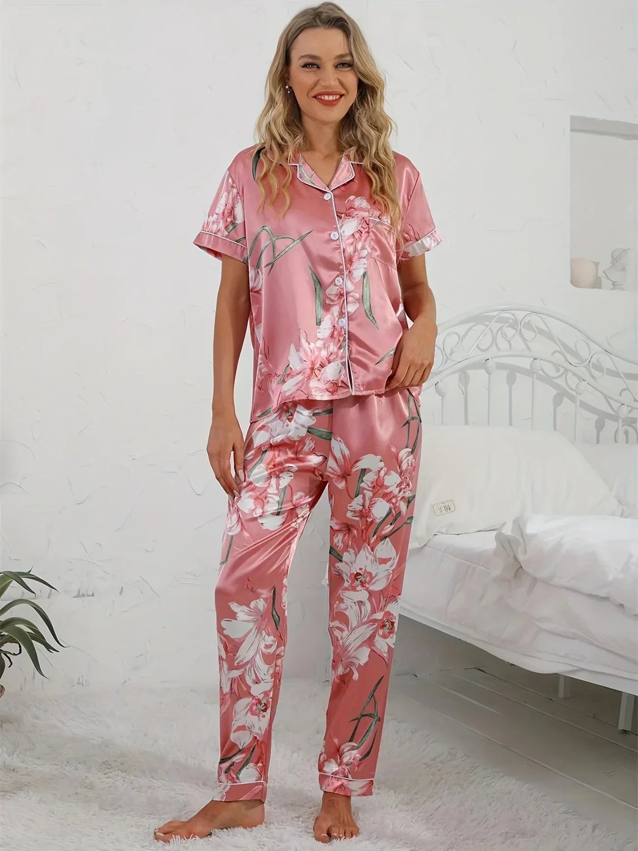 Josefine | Damen 2-teiliger Pyjama in Rosa mit Blumenmuster Shirt & Hose