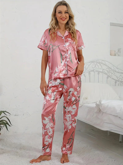 Josefine | Damen 2-teiliger Pyjama in Rosa mit Blumenmuster Shirt & Hose