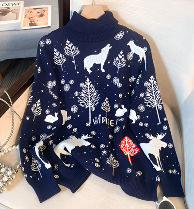 Damen Rollkragen Weihnachtspullover Mit Rentiermotiv