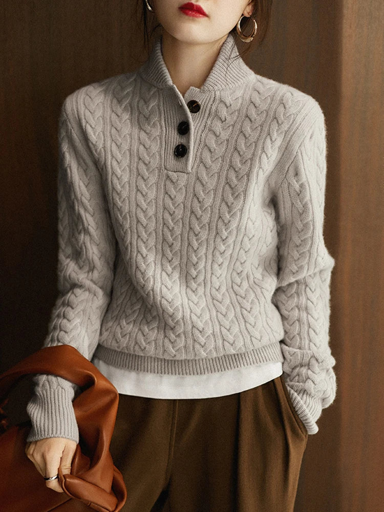 Damen Zopfmuster Pullover Mit Knopfleiste Und Stehkragen