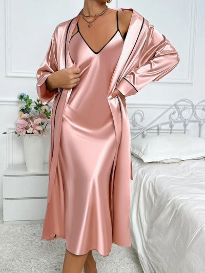 Judith | Damen 2-teiliger Pyjama mit langärmligem Bademantel & Slip-Kleid