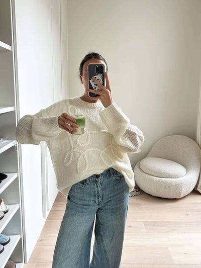 Isolde | Damen Strickpullover Oversize mit Rundhalsausschnitt & Gesticktem Muster