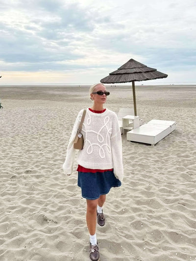 Isolde | Damen Strickpullover Oversize mit Rundhalsausschnitt & Gesticktem Muster