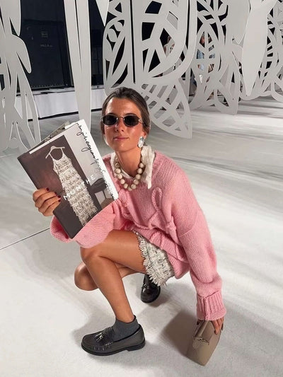 Isolde | Damen Strickpullover Oversize mit Rundhalsausschnitt & Gesticktem Muster