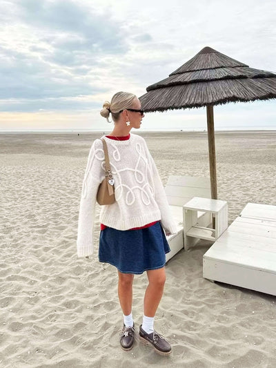 Isolde | Damen Strickpullover Oversize mit Rundhalsausschnitt & Gesticktem Muster