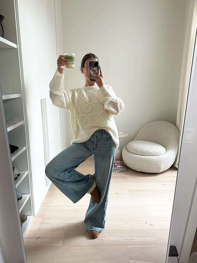 Isolde | Damen Strickpullover Oversize mit Rundhalsausschnitt & Gesticktem Muster