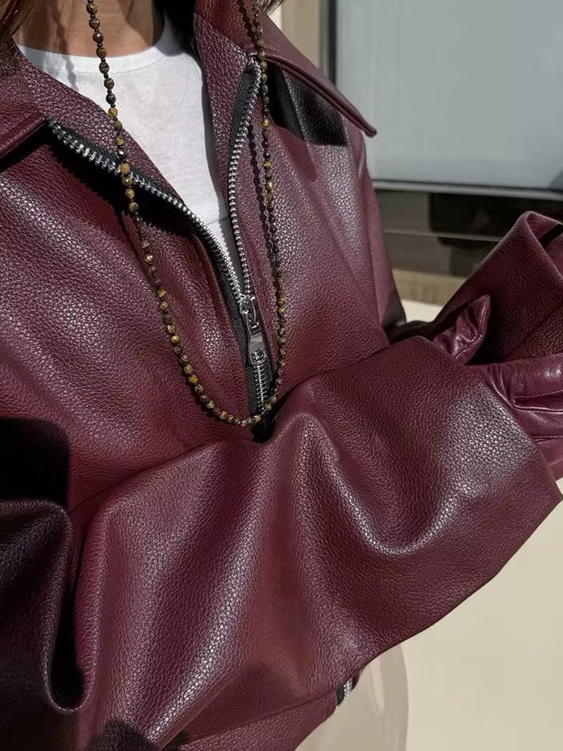 Jacoba | Damen Kunstlederjacke Oversize in Burgund mit Reverskragen & Reißverschlu