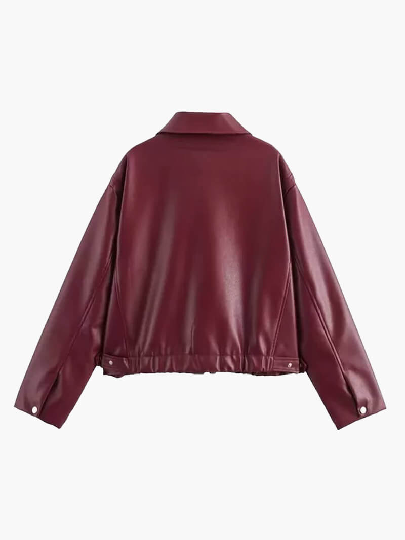 Jacoba | Damen Kunstlederjacke Oversize in Burgund mit Reverskragen & Reißverschlu