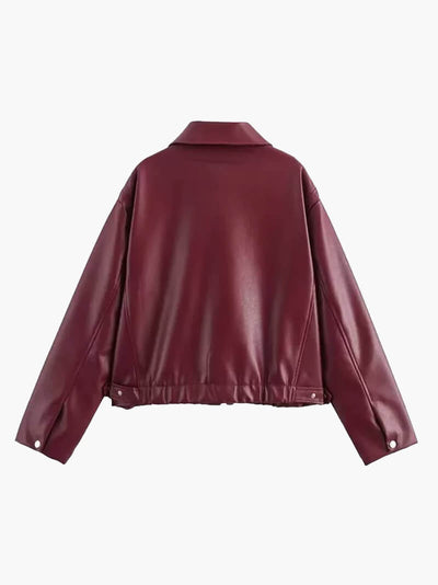 Jacoba | Damen Kunstlederjacke Oversize in Burgund mit Reverskragen & Reißverschlu