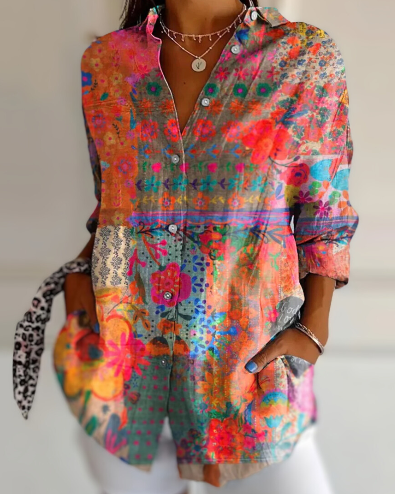Damen Boho Blumenhemd | Tunika mit Knopfleiste