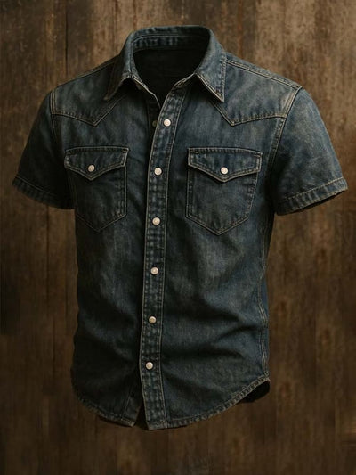 Herren Vintage Twillhemd Mit Zwei Taschen Und Kurzen Ärmeln Im Gebrauchter Look