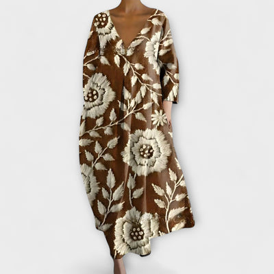 Fiona - Langes, farbenfrohes Kleid mit V-Ausschnitt