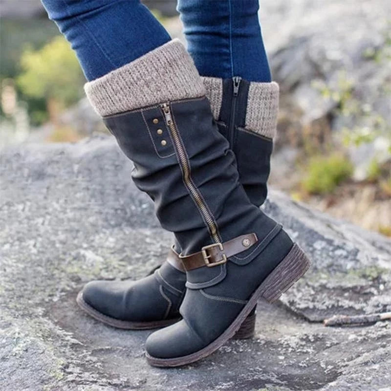 Selina | Damen Winterstiefel High Boots mit Blockabsatz und seitlichem Reißverschluss