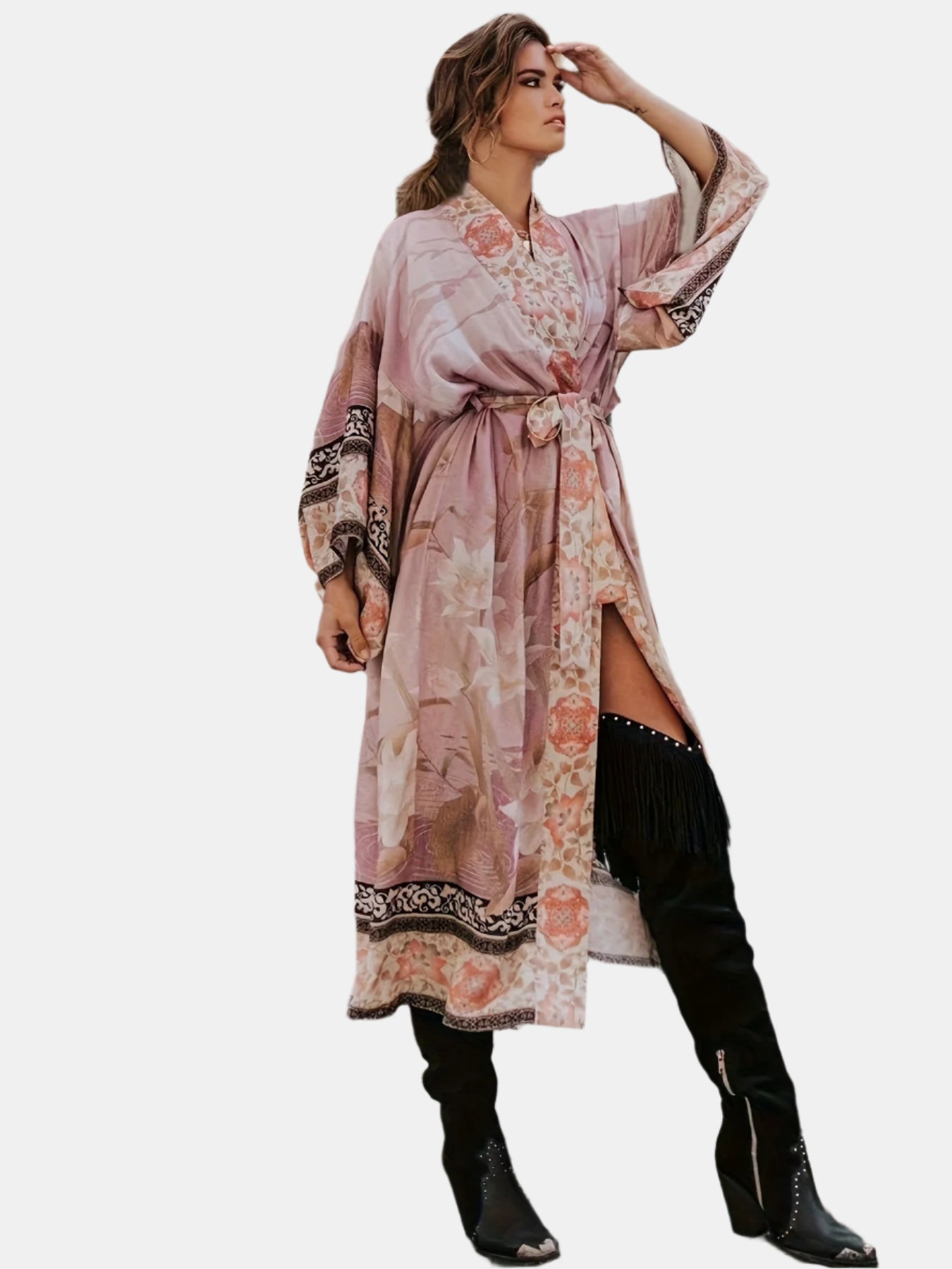 Sahari – Damen Kimono mit floralem Print und Bindegürtel