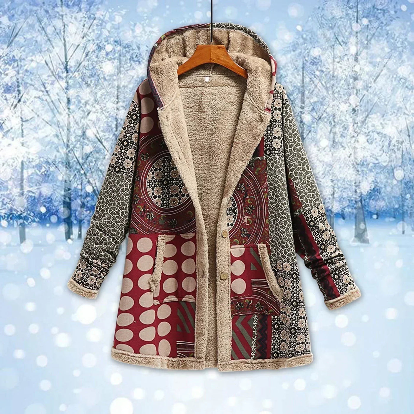 Marianne | Damen Patchwork Jacke mit Kapuze, Fleece-Futter & Knöpfen im Multicolor Design