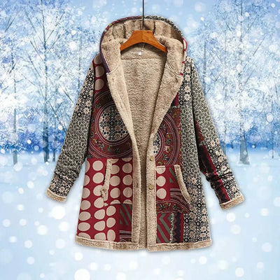 Marianne | Damen Patchwork Jacke mit Kapuze, Fleece-Futter & Knöpfen im Multicolor Design