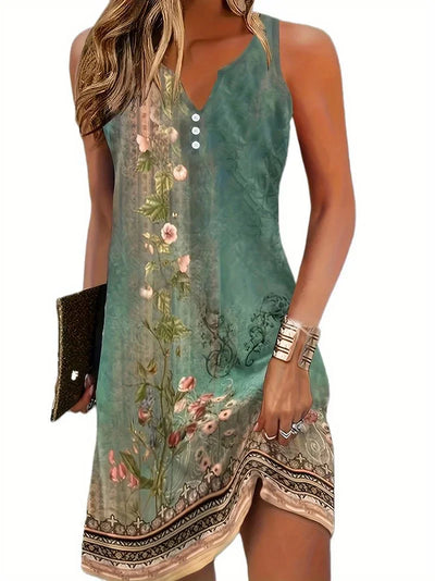 Damen A-Linie Kleid V-Ausschnitt Ärmellos mit Knopfleiste