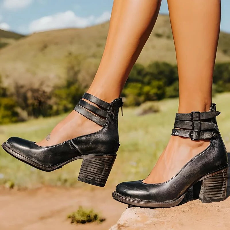 Damen Blockabsatz Pumps mit Riemen und Reißverschluss