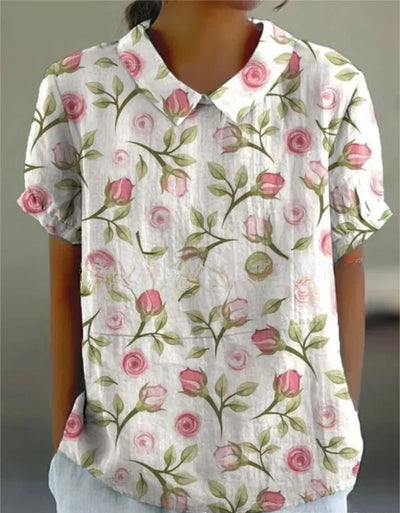 Damen Polo mit floralem Stickmuster und kurzen Ärmeln