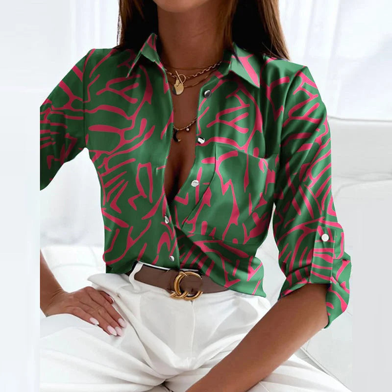 Damen Bluse mit Umlegekragen und grafischem Muster