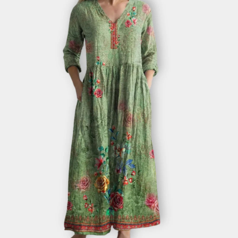 Damen Boho Midikleid mit Blumenmuster in Grün