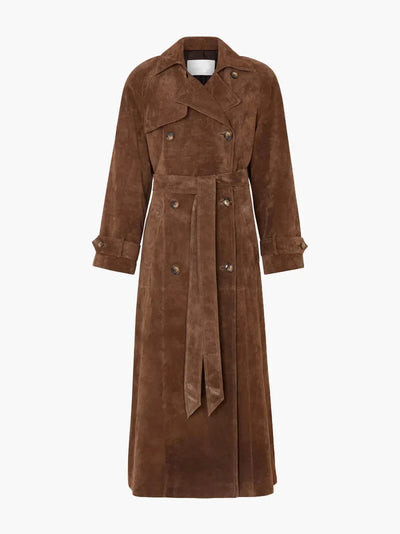 Damen brauner Wildleder Trenchcoat mit Gürtel und Revers