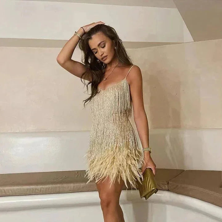Damen Cocktail Minikleid mit Pailletten und Fransen