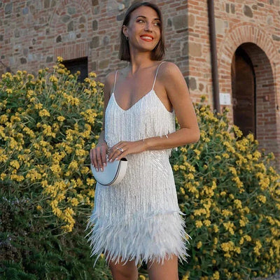Damen Cocktail Minikleid mit Pailletten und Fransen