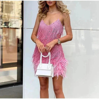 Damen Cocktail Minikleid mit Pailletten und Fransen
