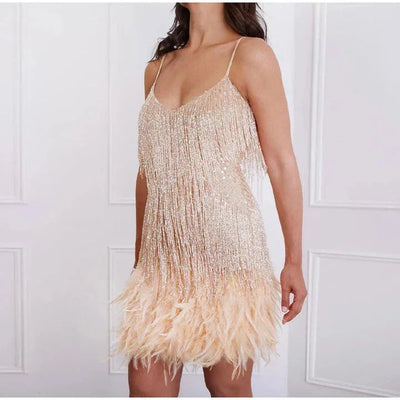 Damen Cocktail Minikleid mit Pailletten und Fransen