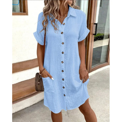 Damen Mini Hemdkleid mit Knopfleiste und kurzen Ärmeln