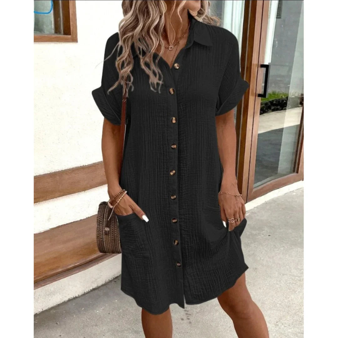 Damen Mini Hemdkleid mit Knopfleiste und kurzen Ärmeln