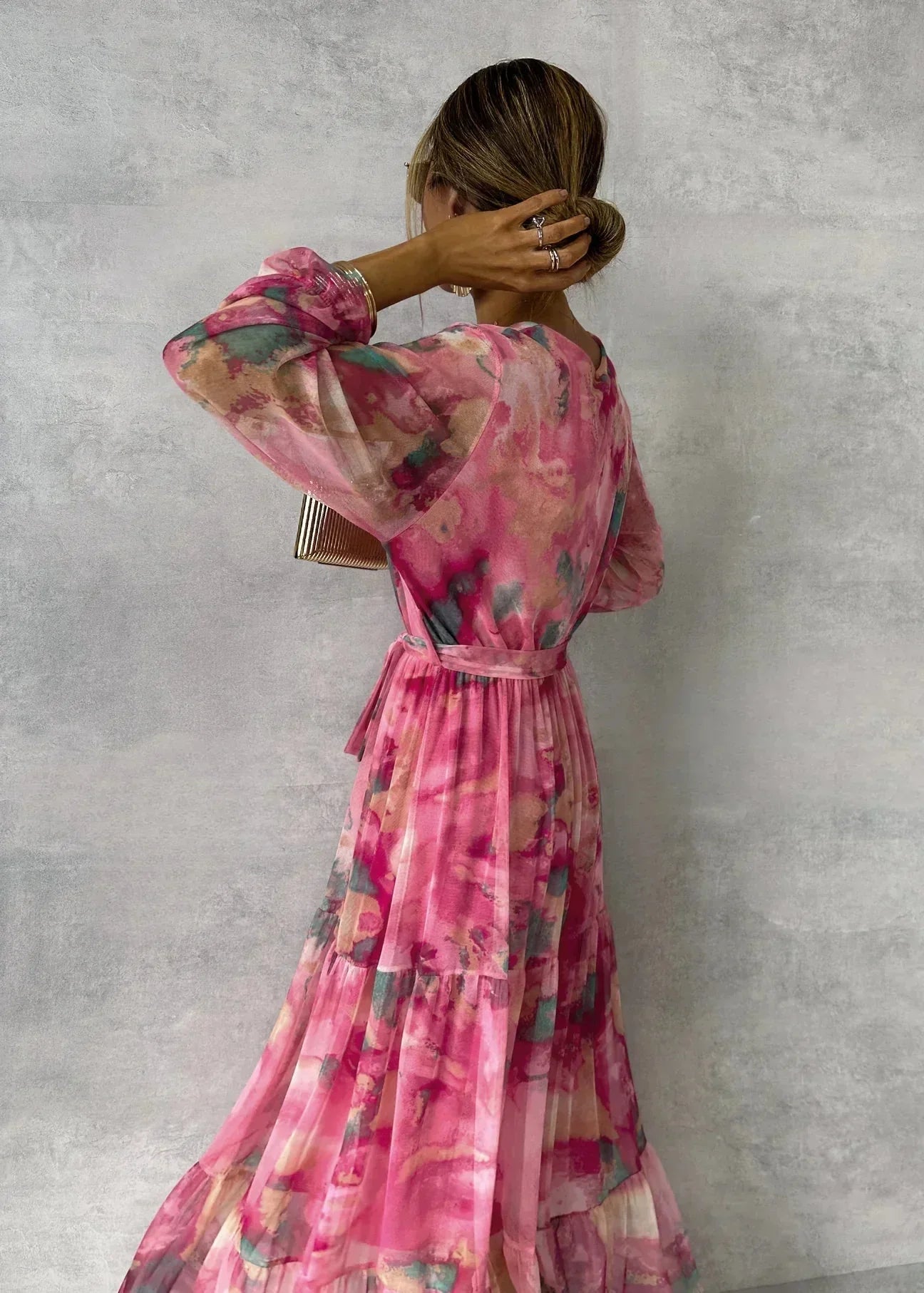 Damen Maxi Wickelkleid mit Blumenmuster in Rosa
