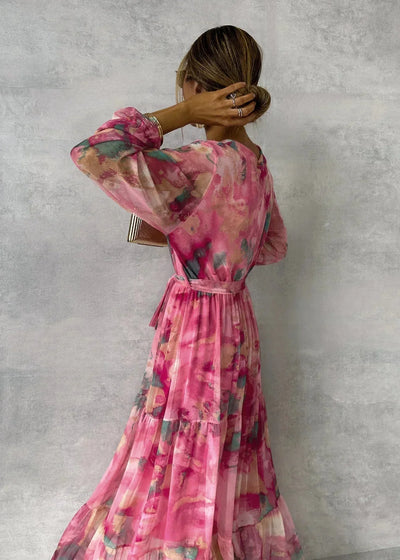 Damen Maxi Wickelkleid mit Blumenmuster in Rosa