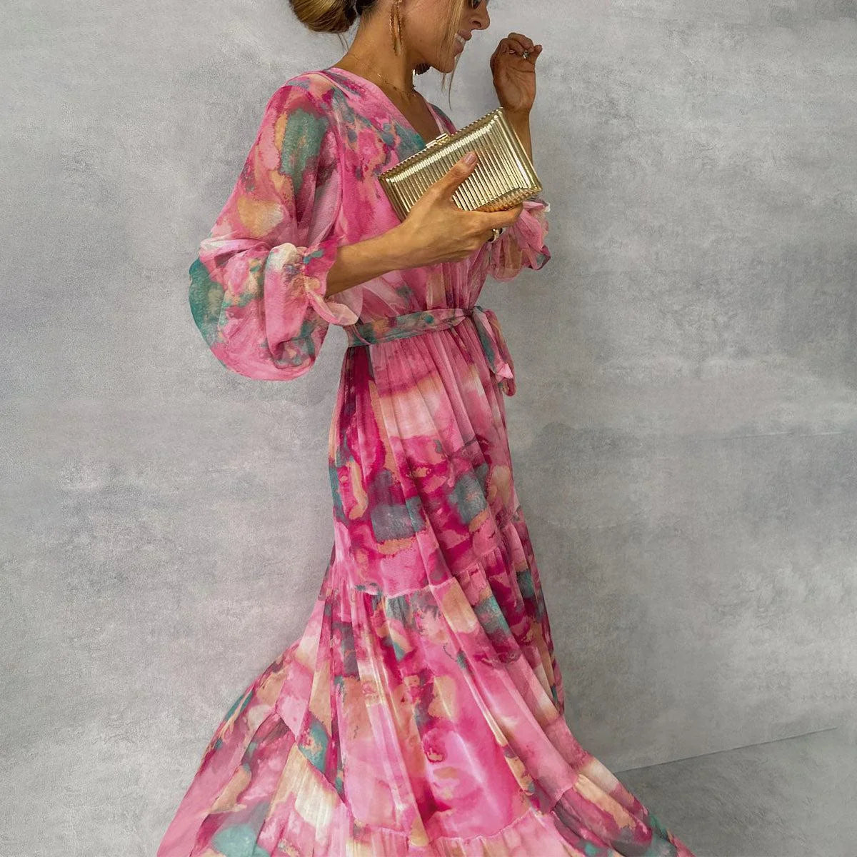 Damen Maxi Wickelkleid mit Blumenmuster in Rosa