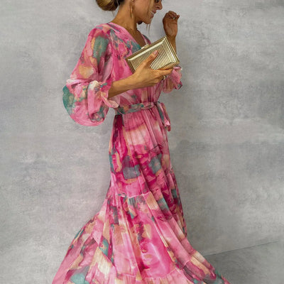 Damen Maxi Wickelkleid mit Blumenmuster in Rosa