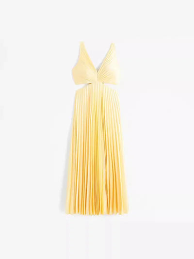 Damen Maxikleid Gelb Plissee mit Tiefem Ausschnitt