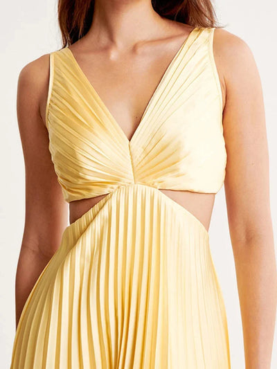 Damen Maxikleid Gelb Plissee mit Tiefem Ausschnitt
