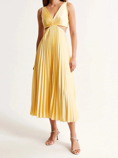 Damen Maxikleid Gelb Plissee mit Tiefem Ausschnitt