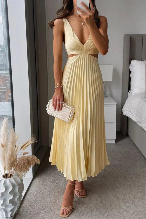 Damen Maxikleid Gelb Plissee mit Tiefem Ausschnitt
