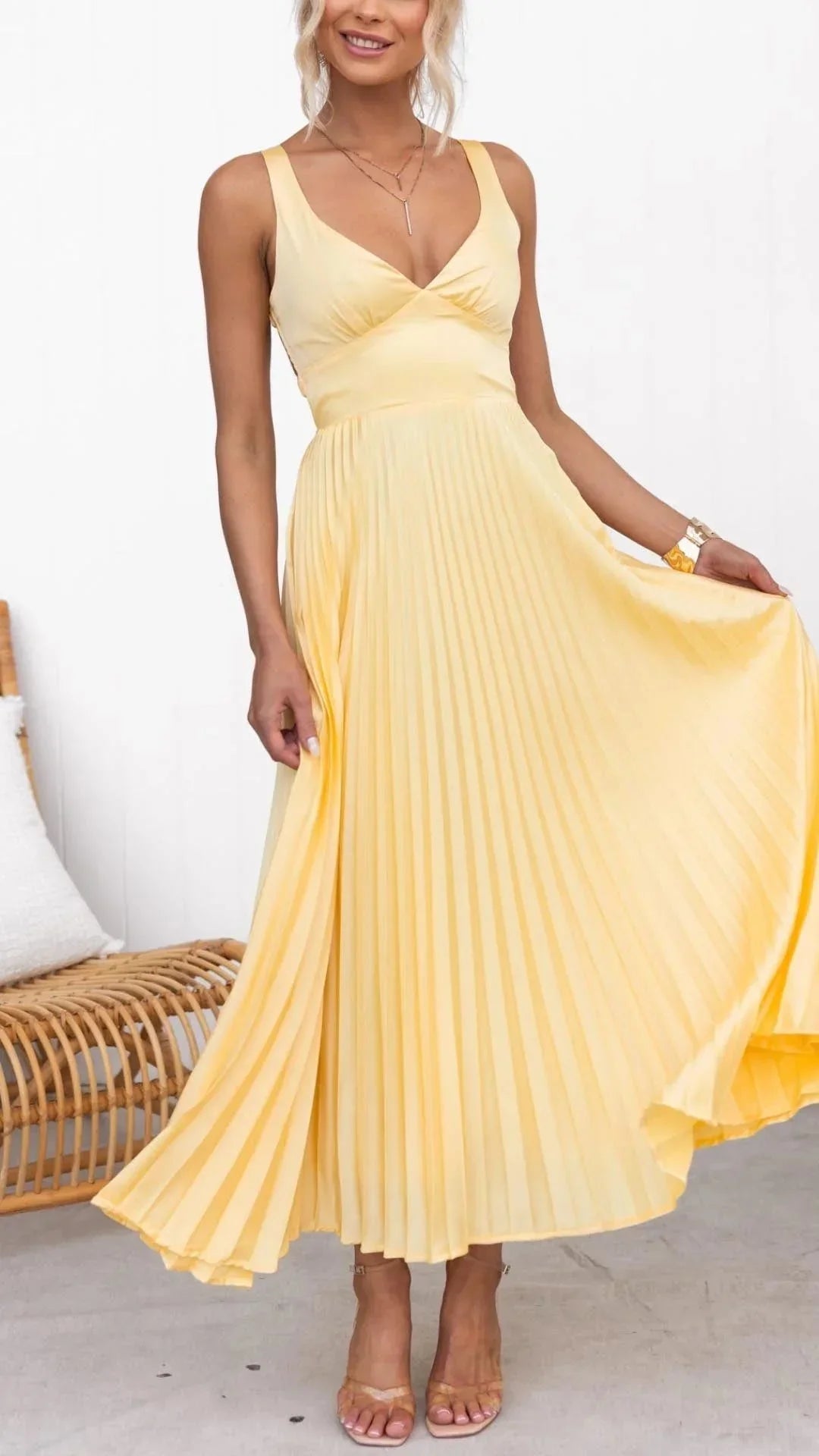 Damen Maxikleid in Gelb mit V-Ausschnitt