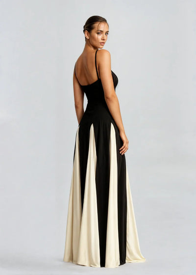 Damen Maxikleid in Schwarz und Creme mit fließendem Schnitt