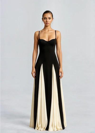 Damen Maxikleid in Schwarz und Creme mit fließendem Schnitt