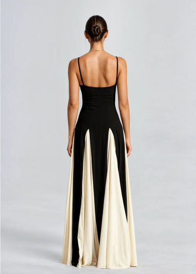 Damen Maxikleid in Schwarz und Creme mit fließendem Schnitt