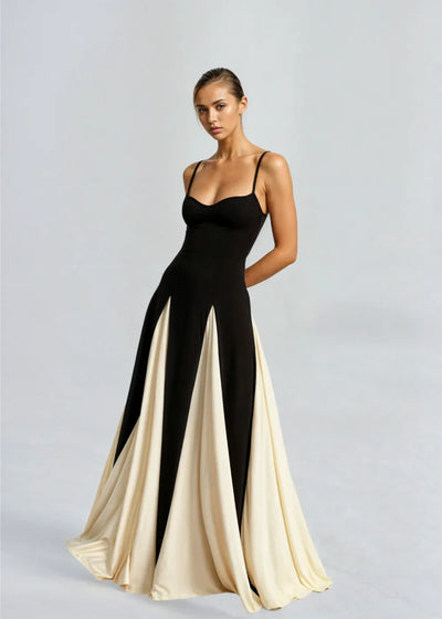 Damen Maxikleid in Schwarz und Creme mit fließendem Schnitt