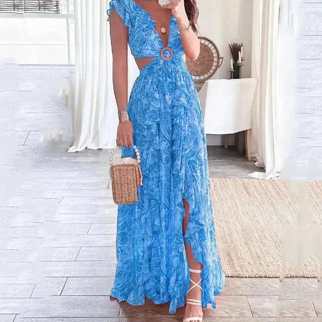 Damen Maxikleid mit Blumenmuster und V-Ausschnitt