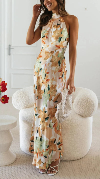 Damen Maxikleid mit Halsschleife und Blumenmuster