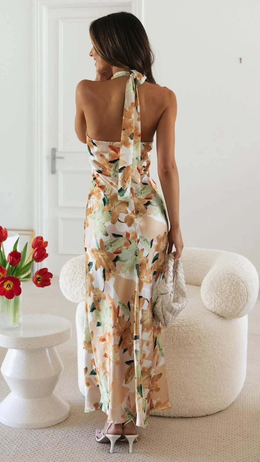 Damen Maxikleid mit Halsschleife und Blumenmuster
