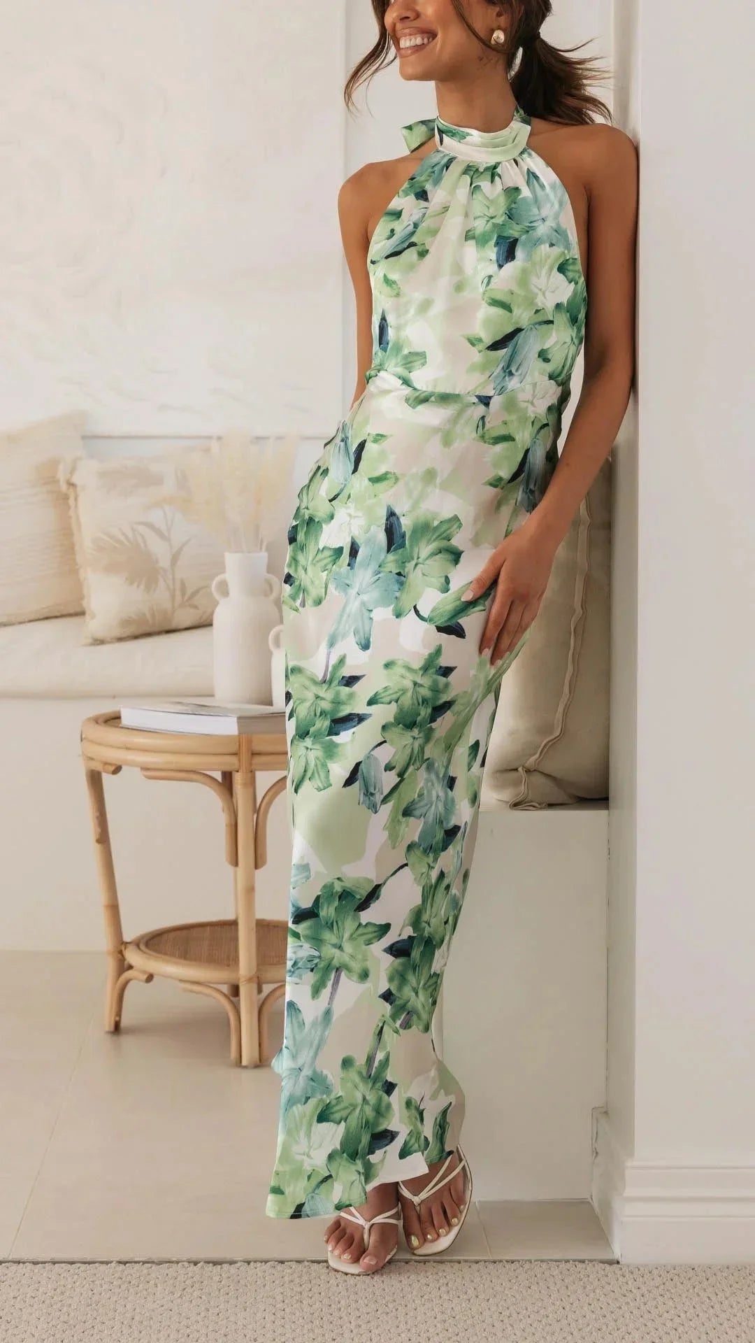 Damen Maxikleid mit Halsschleife und Blumenmuster
