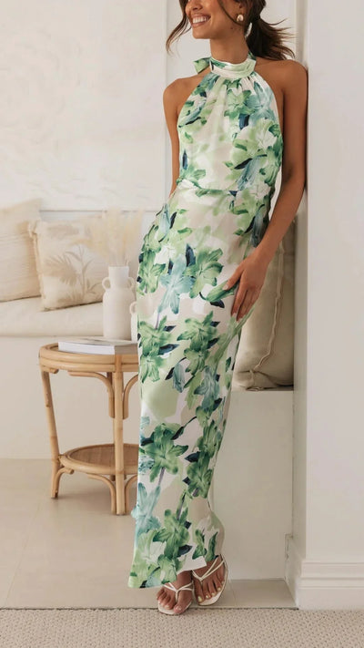 Damen Maxikleid mit Halsschleife und Blumenmuster